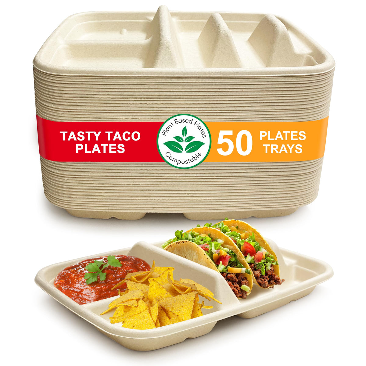 Tasty Taco disposable plates hold two tacos and two sides for easy serving.
