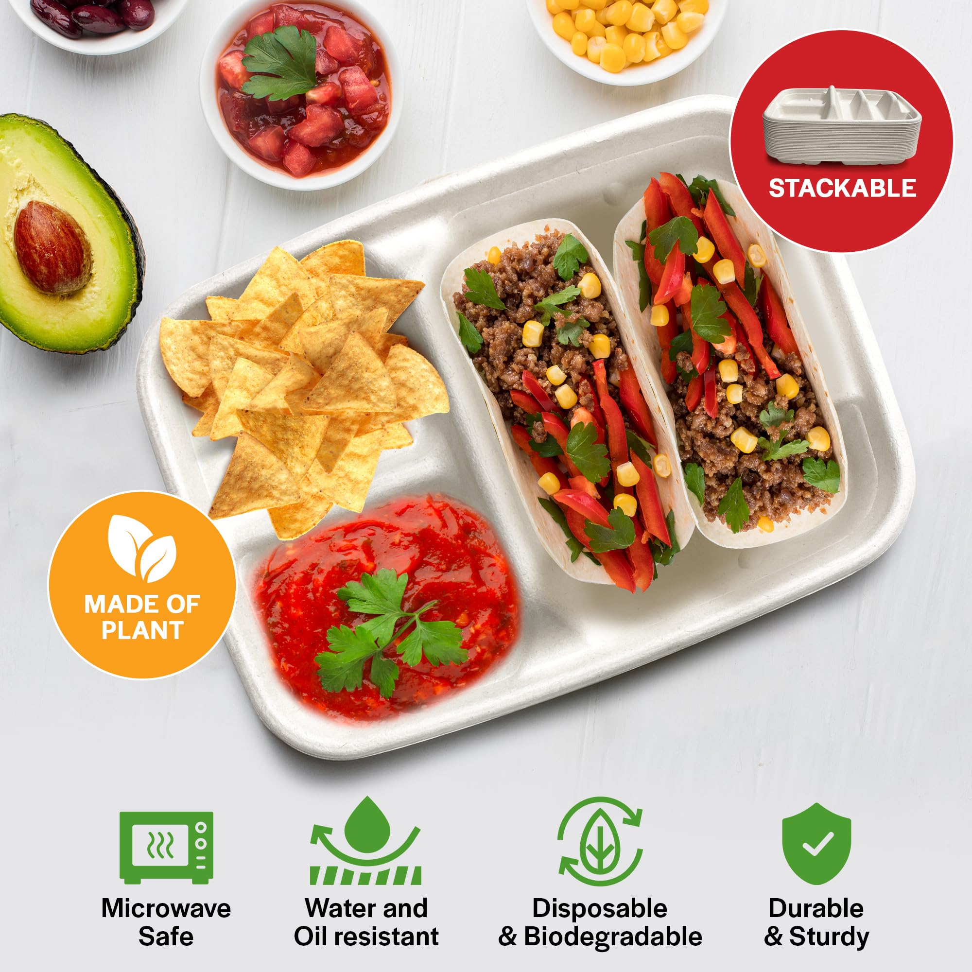 Tasty Taco easy-cleanup disposable plates save time after meals.