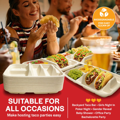 Tasty Taco disposable plates make cleanup quicker after serving.