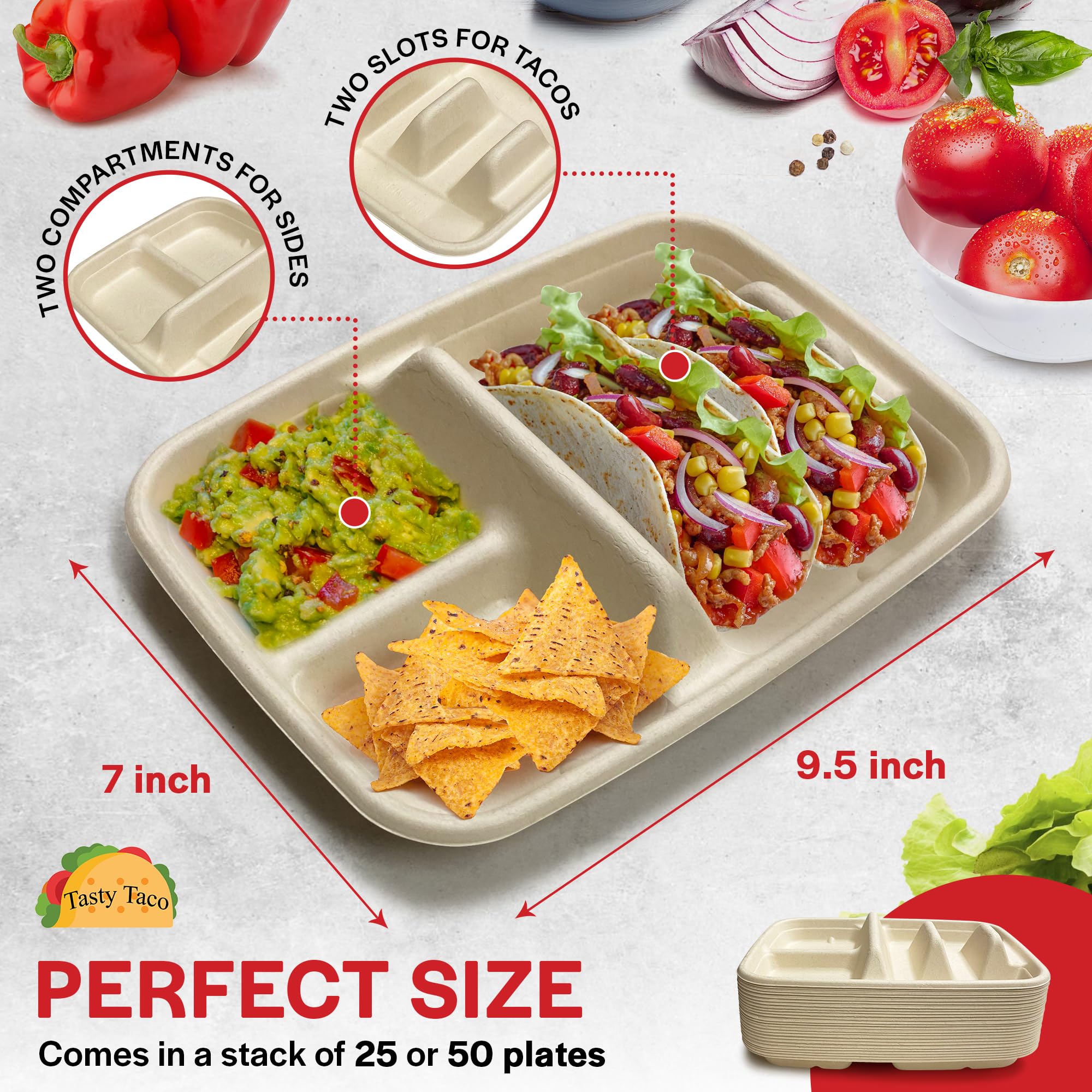 Tasty Taco 50-pack packaging for hosting large gatherings easily.