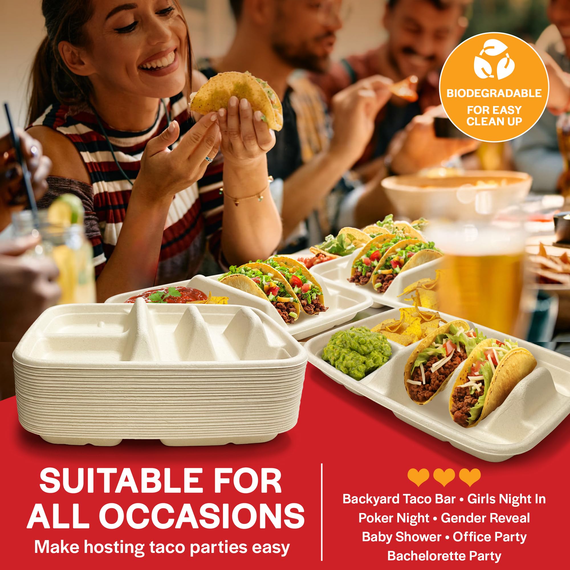 Tasty Taco plates shown on a serving setup to reduce mess.