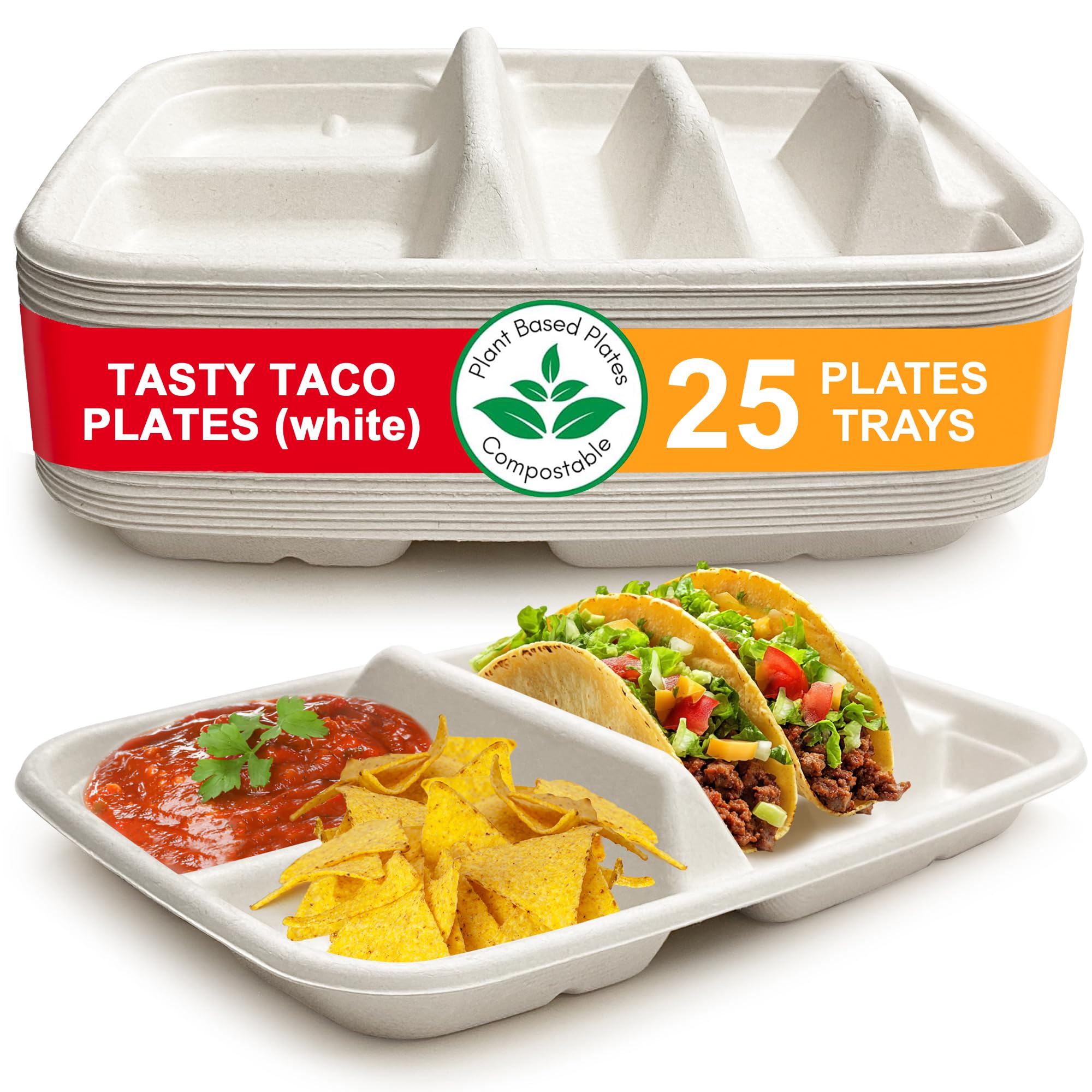 Tasty Taco white disposable plates with dividers for two tacos and sides.
