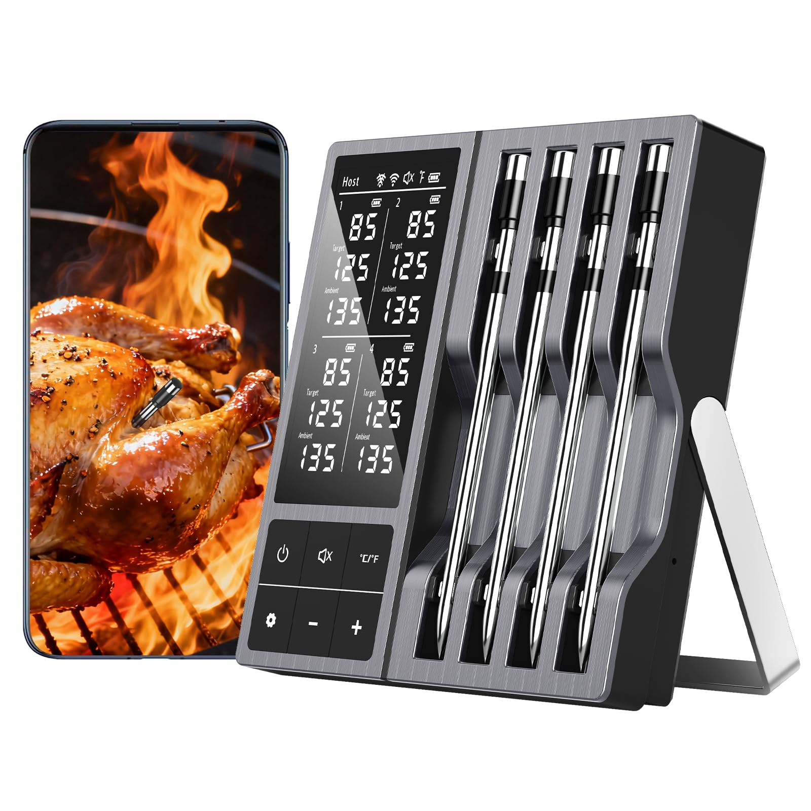 TASTYTI wireless thermometer with four probes for simultaneous cooking control.