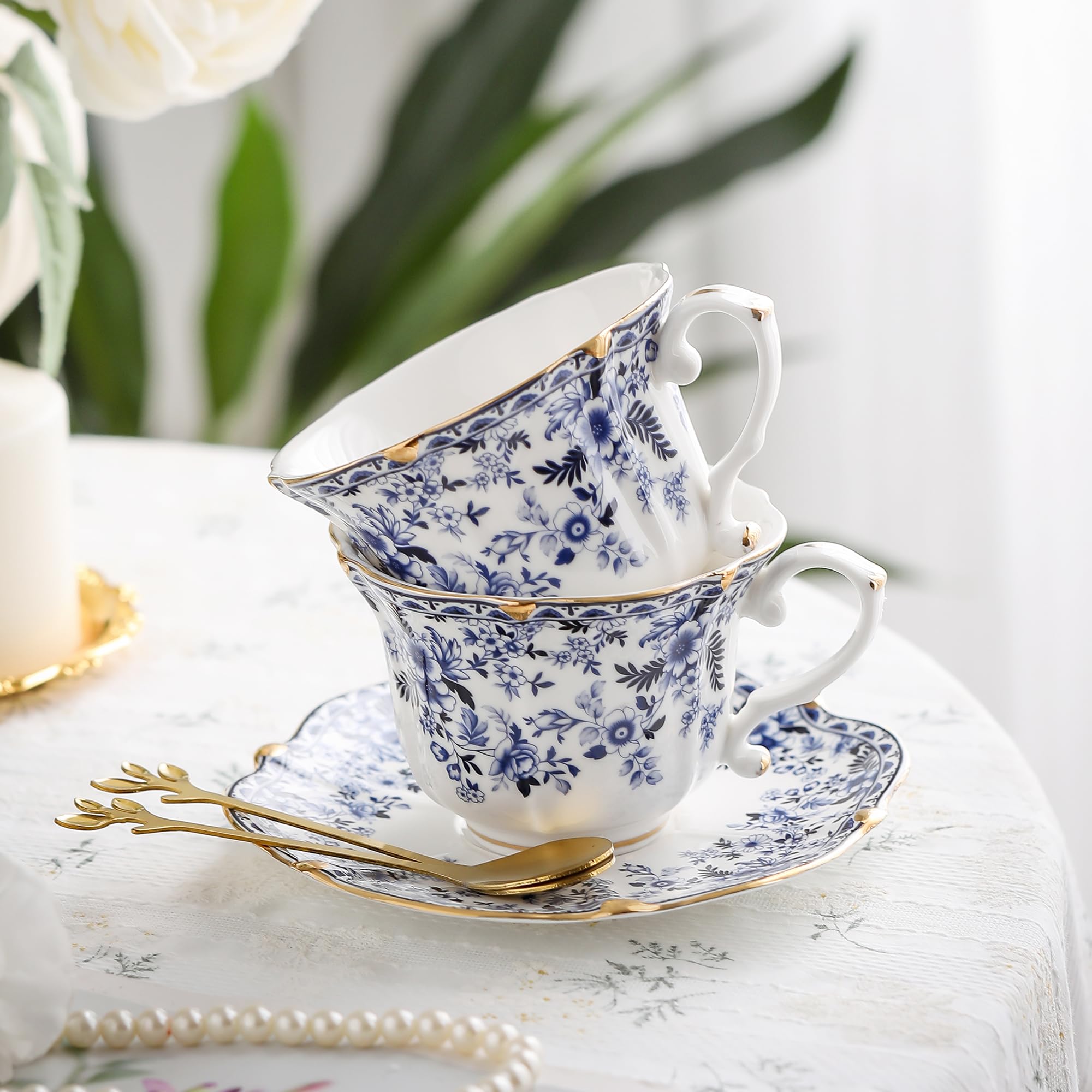 TATSUMI bone china teacup with floral pattern enhances table decor