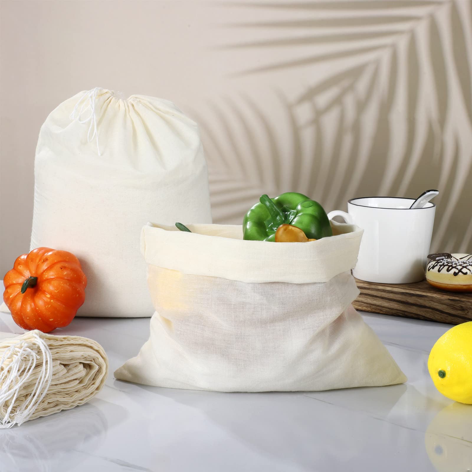 Tatuo muslin bags store fruits and vegetables with breathable material.