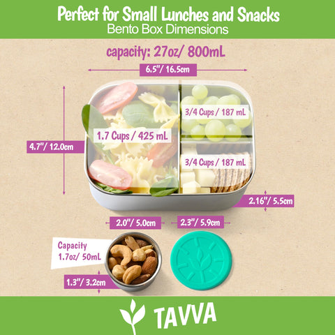 TAVVA bento lid and silicone band keeps meals secure.