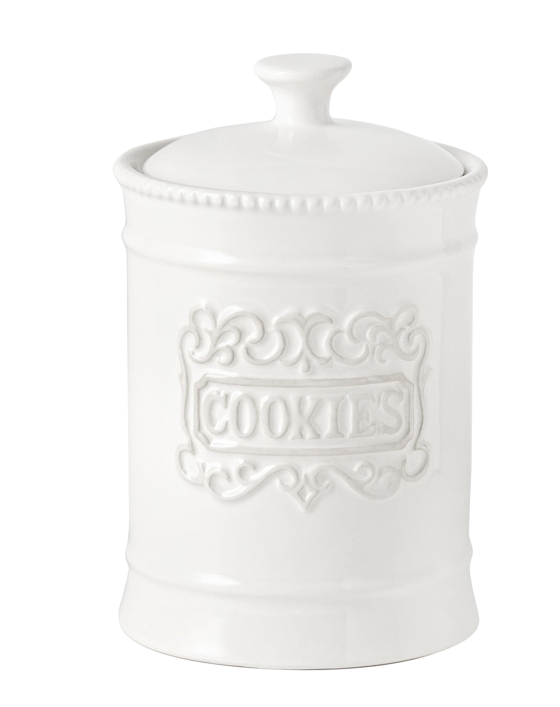 TAWCHES large ceramic cookie jar with lid on kitchen counter, vintage charm.