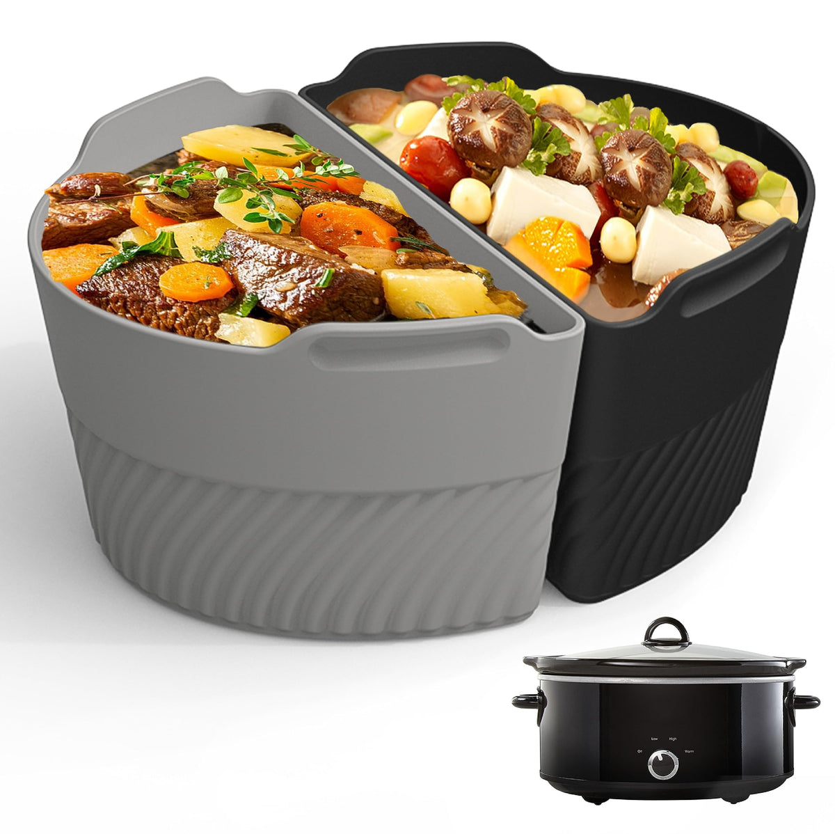 TAYDOIBAN silicone slow cooker liner fits 6qt and enables two meals at once.