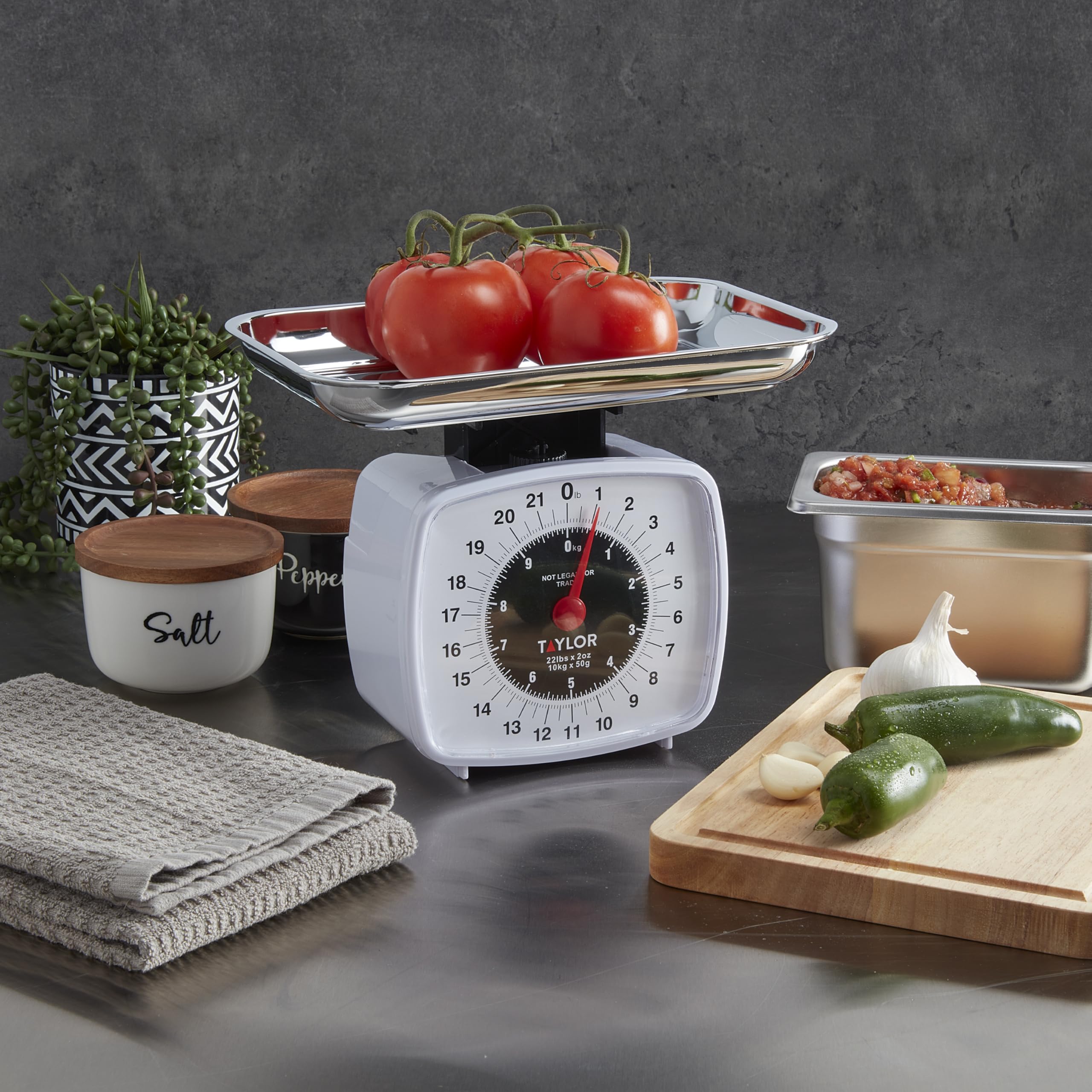 Taylor analog kitchen scale on a kitchen counter for everyday weighing.
