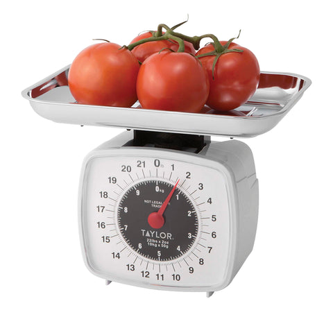 Taylor analog kitchen scale crystal-clear lens protects the dial.
