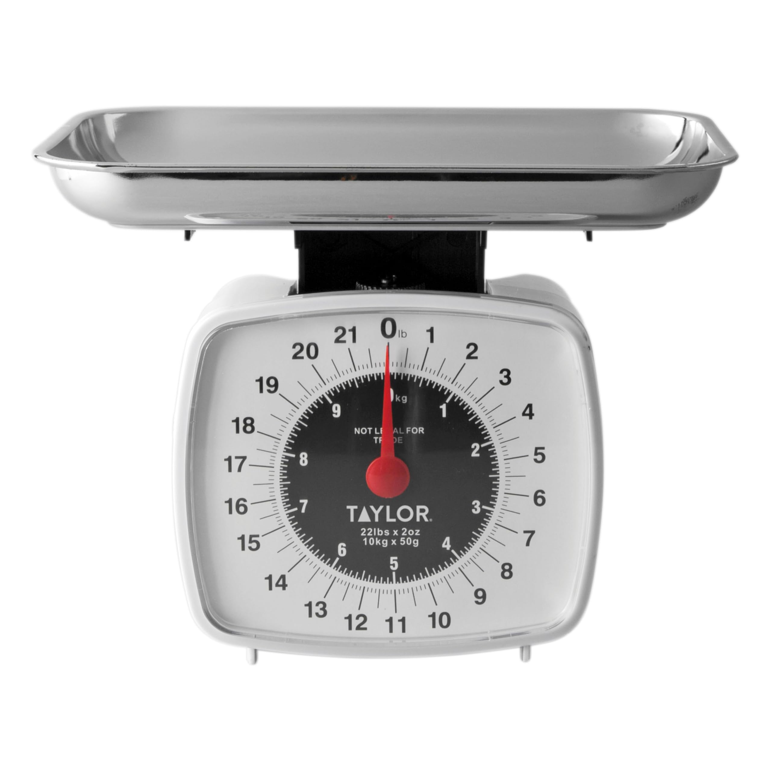 Taylor analog kitchen scale dial close-up for quick, accurate readings.