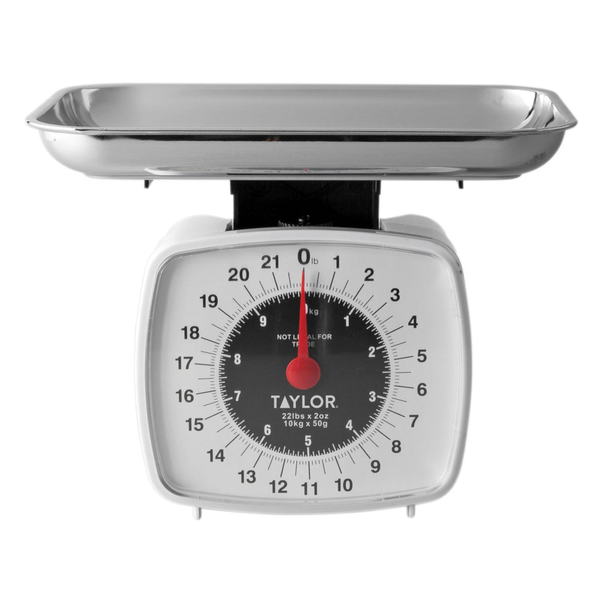 Taylor analog kitchen scale dial close-up for quick, accurate readings.
