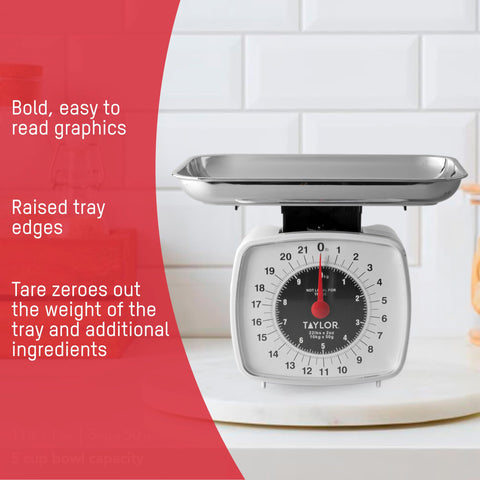 Taylor analog kitchen scale with dishwasher-safe tray for easy cleanup.