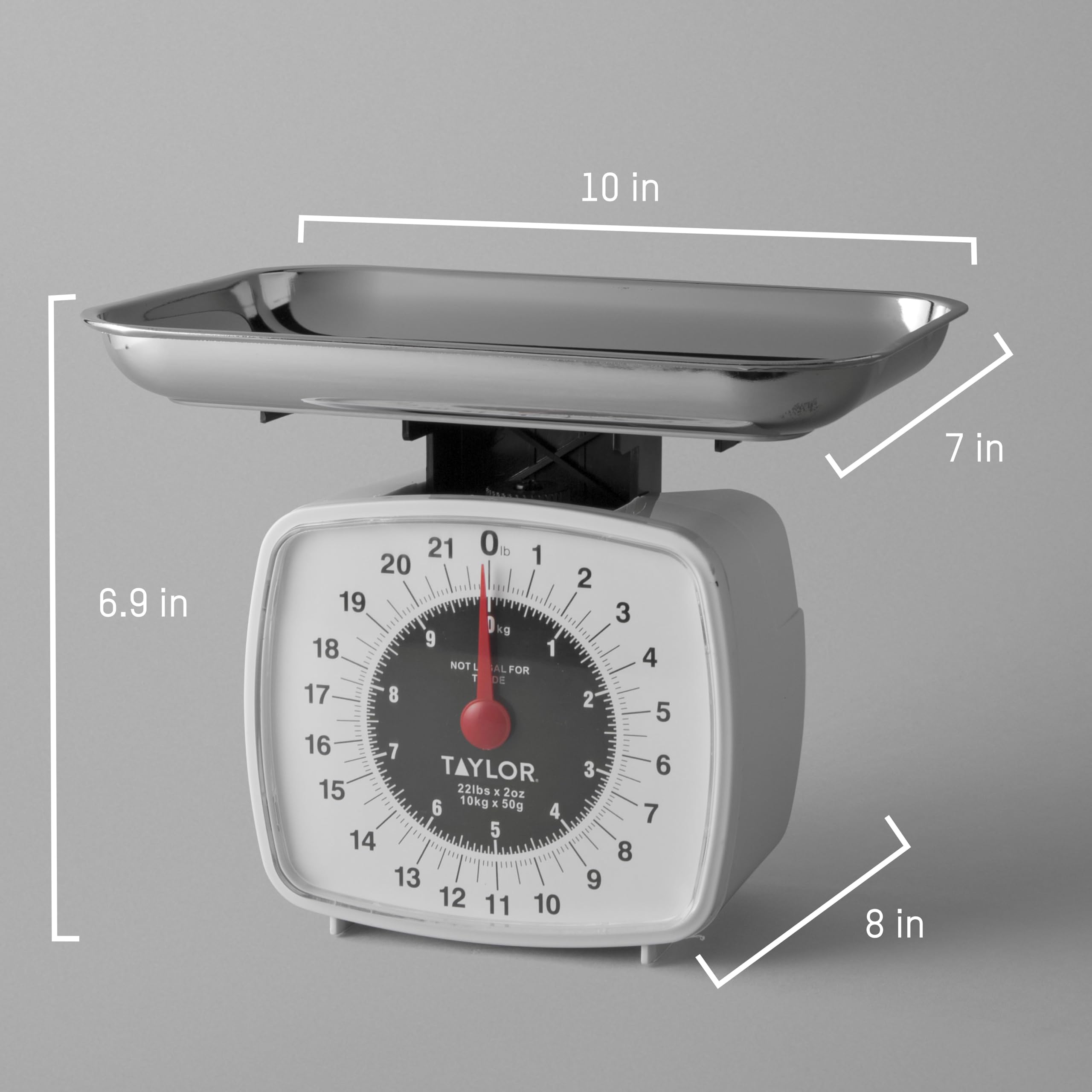 Taylor analog kitchen scale tare knob enables zeroing between ingredients.
