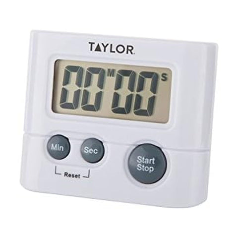 Taylor digital timer shows 99:59 display for precise kitchen timing and quick task management