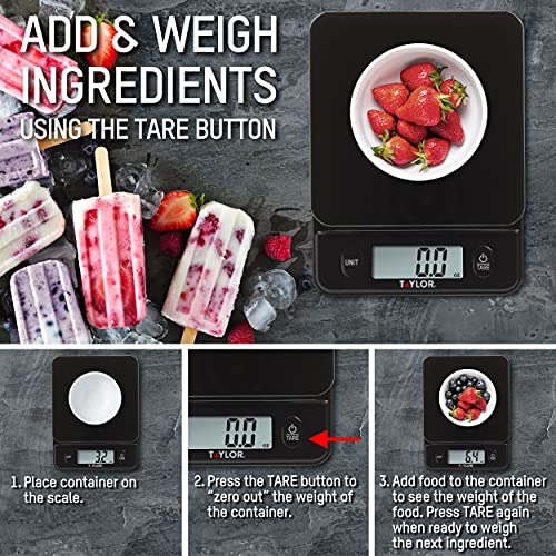 Taylor Glass Top Scale tare function to weigh ingredients in a container