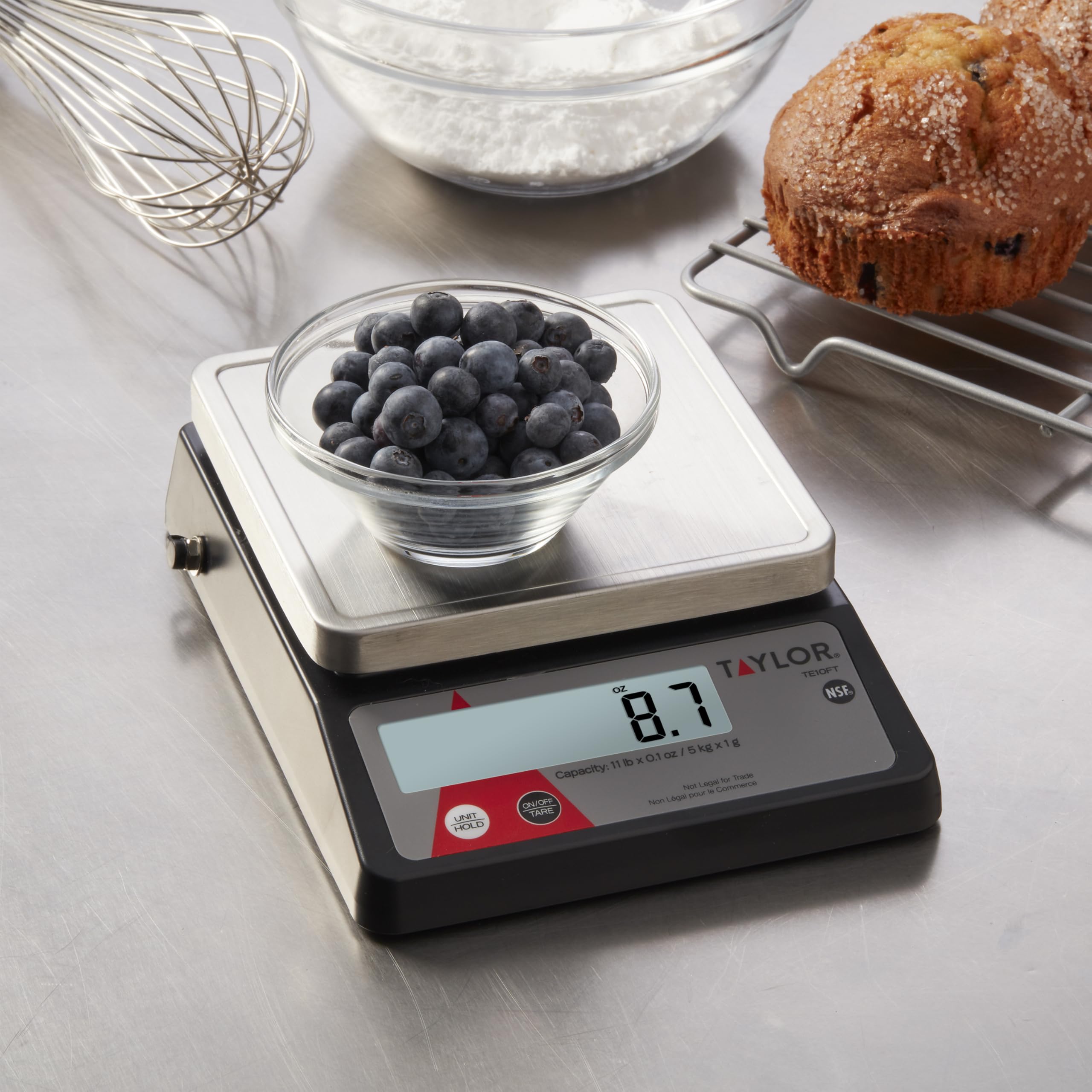 Taylor TE10FT shows tare and hold features for stable weighing.