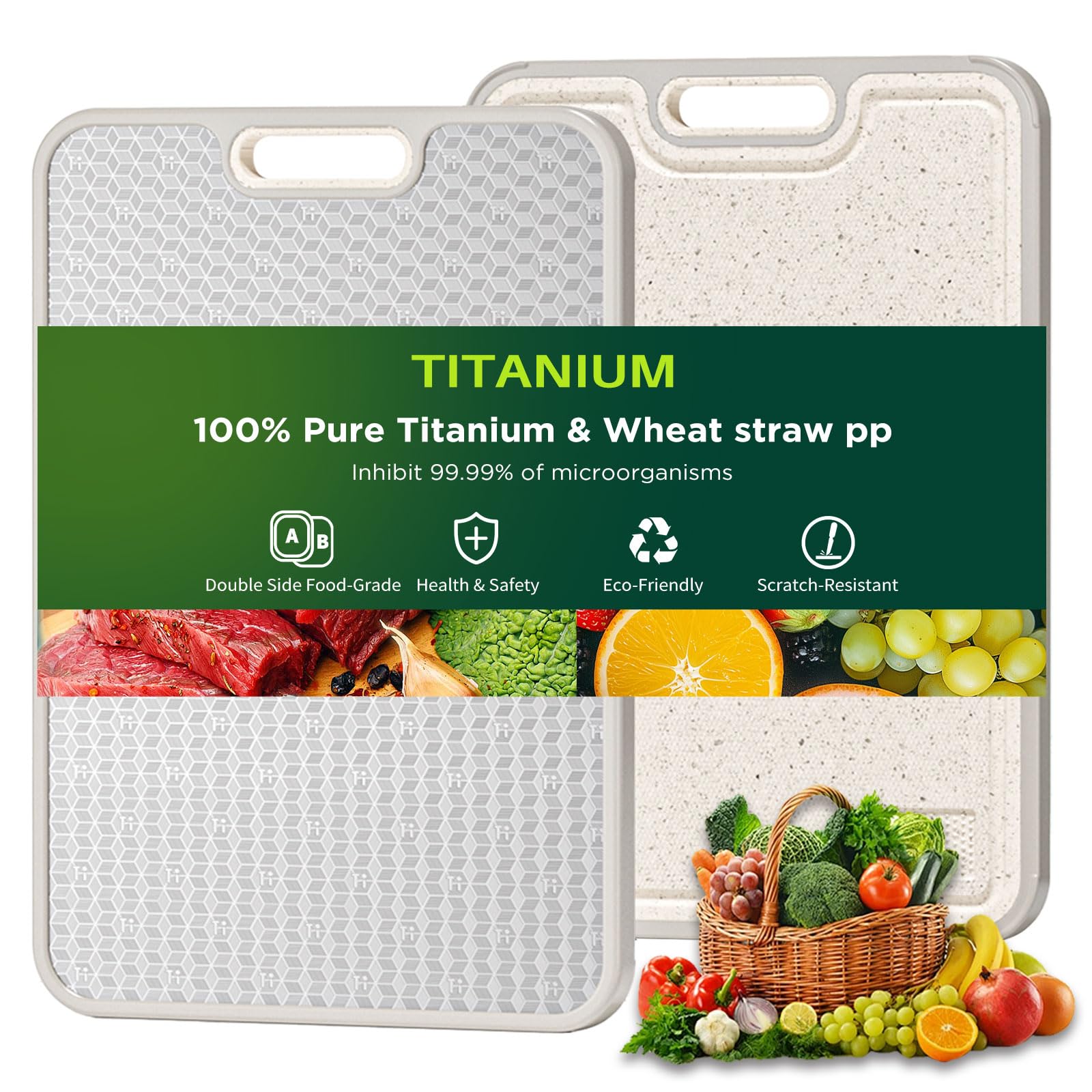 TBFWiCO titanium cutting board dual surface for durable meat prep and easy cleaning.