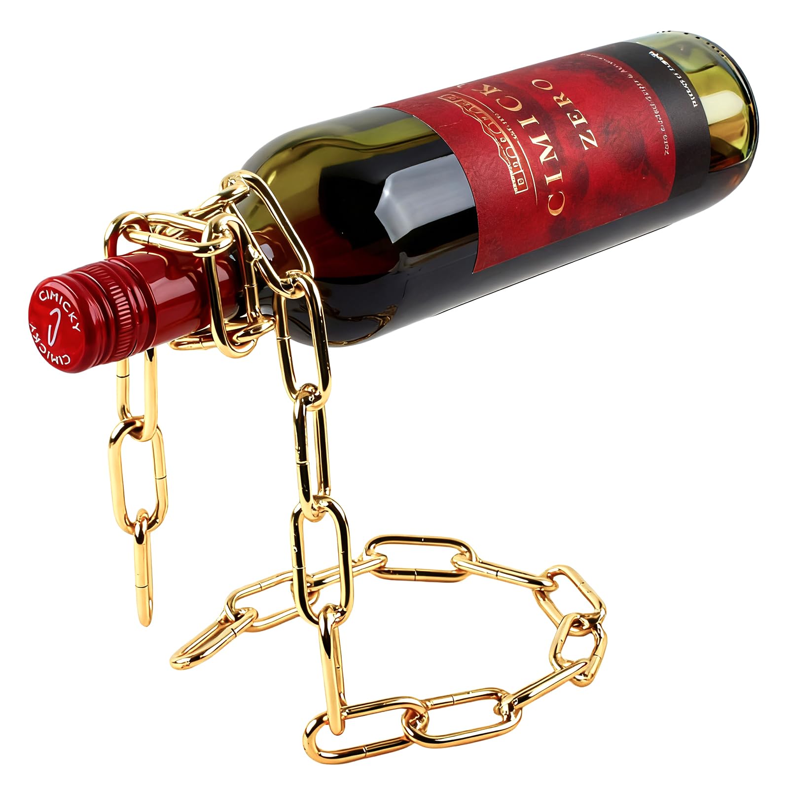 TBWHL floating wine bottle holder in gold showing mid-air display