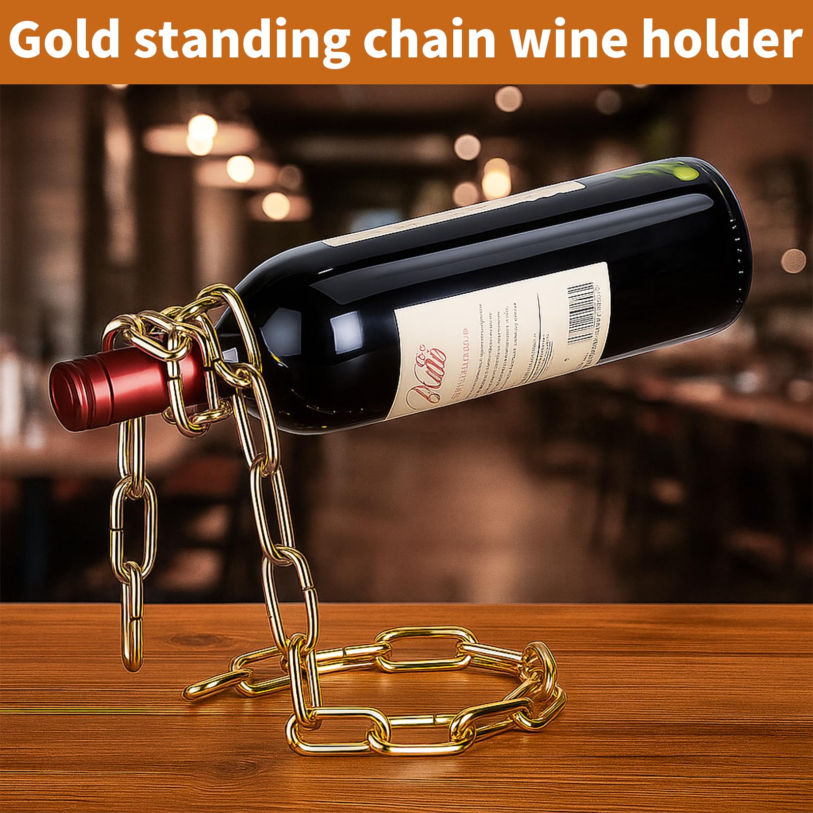 TBWHL steel-link chain wine rack in gold for durable display
