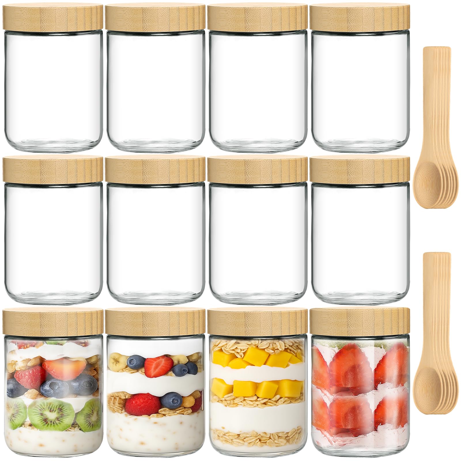 TBWIND 12-pack 16oz glass jars with bamboo lids display fresh layered ingredients for meal prep