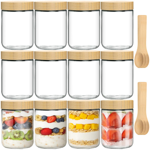 TBWIND 12-pack 16oz glass jars with bamboo lids display fresh layered ingredients for meal prep