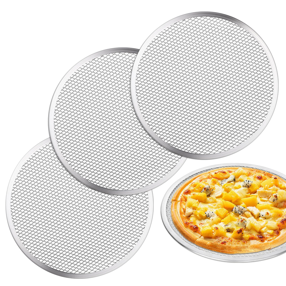 tchrules three-piece pizza screen group shot for versatile oven baking