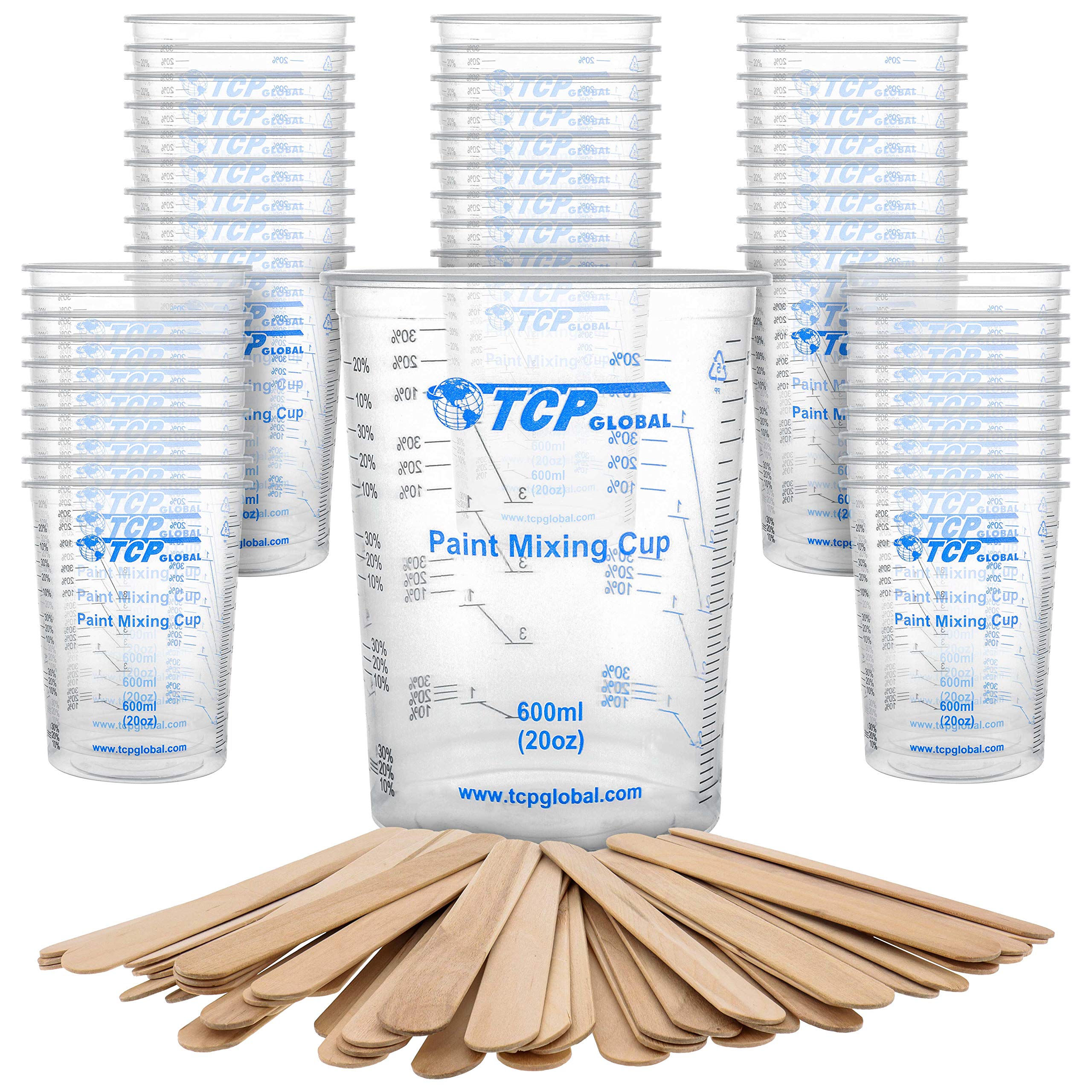 TCP Global 20oz graduated mixing cups with clear ml marks for precise painting and resin work.