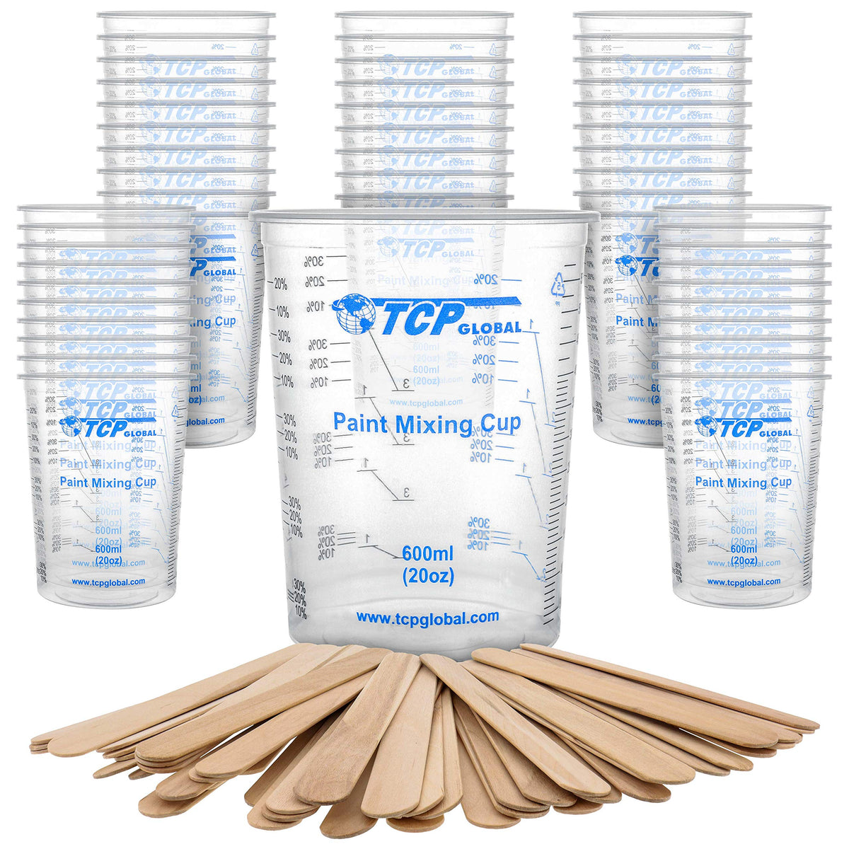 TCP Global 20oz graduated mixing cups with clear ml marks for precise painting and resin work.