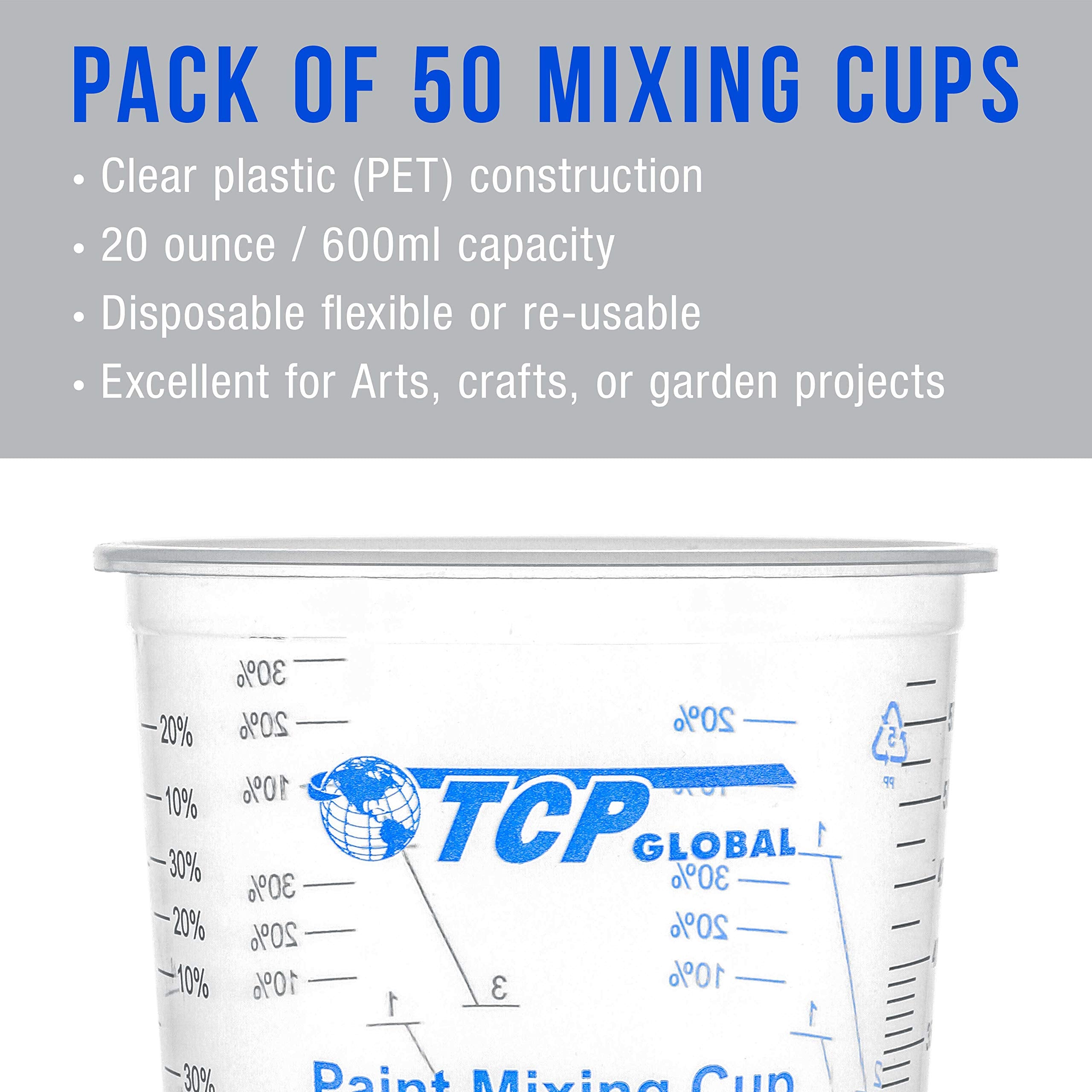 TCP Global cups with graduated scales help track ratios and volumes.