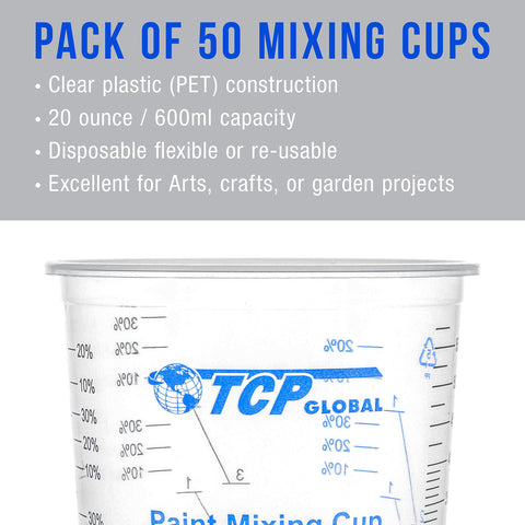 TCP Global cups with graduated scales help track ratios and volumes.