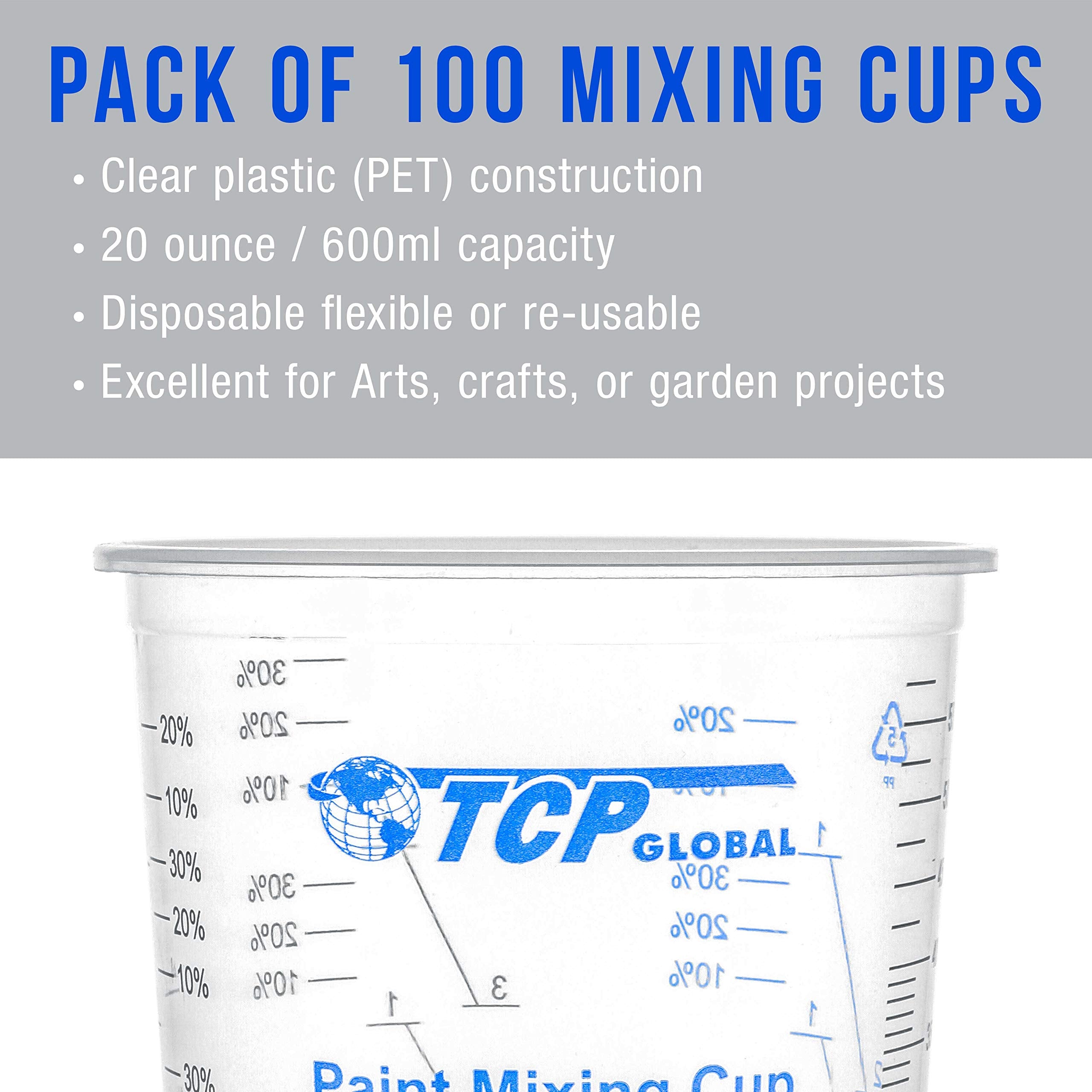 TCP Global cups with printed measurement scales for accurate mixing