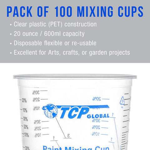 TCP Global cups with printed measurement scales for accurate mixing
