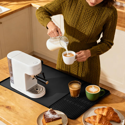 TCULOSD under espresso machine mat fits space-saving counter setups.