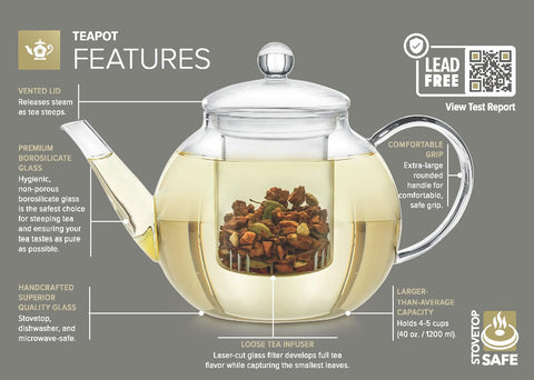 Teabloom 34-ounce capacity teapot brewing up to five cups for sharing.