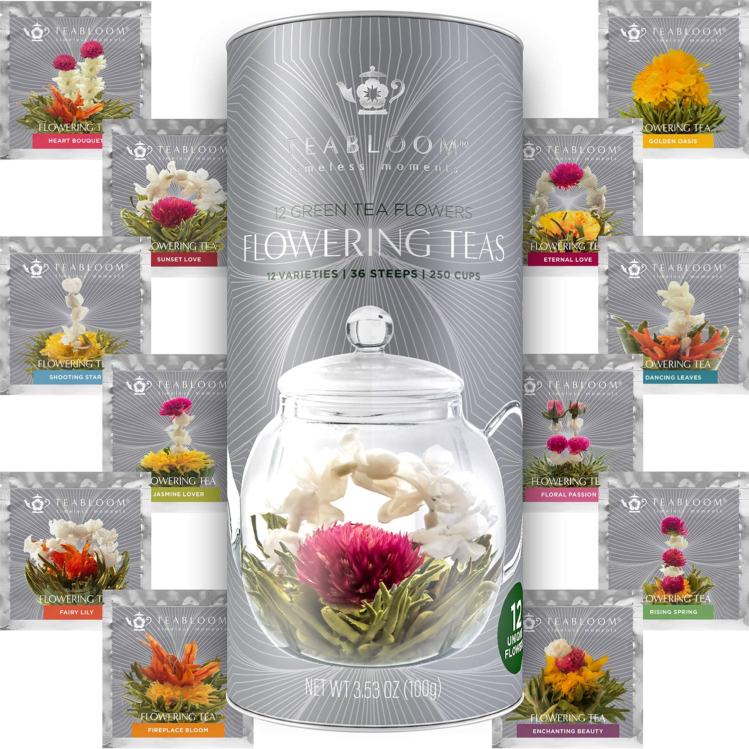 Teabloom blooming tea flowers pack reveals colorful bouquets in hot water