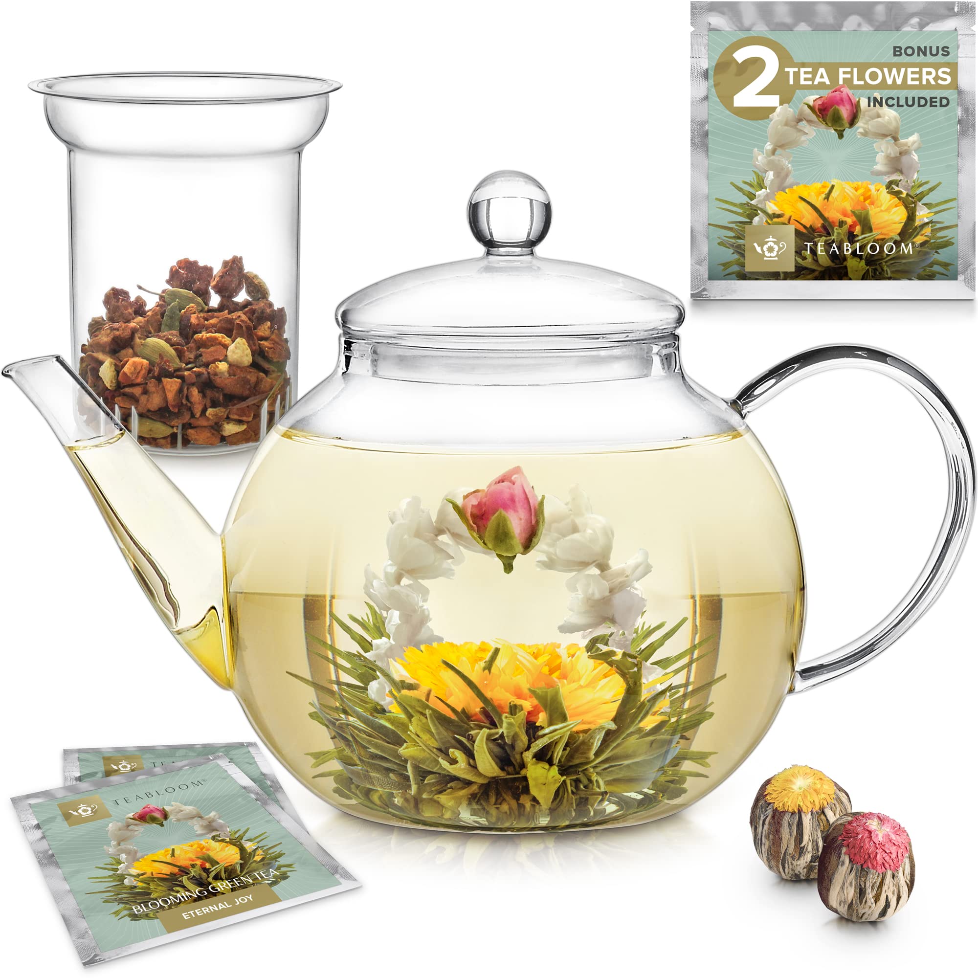 Teabloom Celebration teapot with blooming tea, elegant glass design for premium tea experiences.