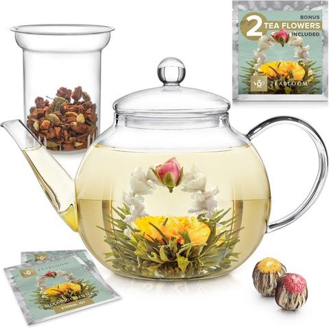 Teabloom Celebration teapot with blooming tea, elegant glass design for premium tea experiences.