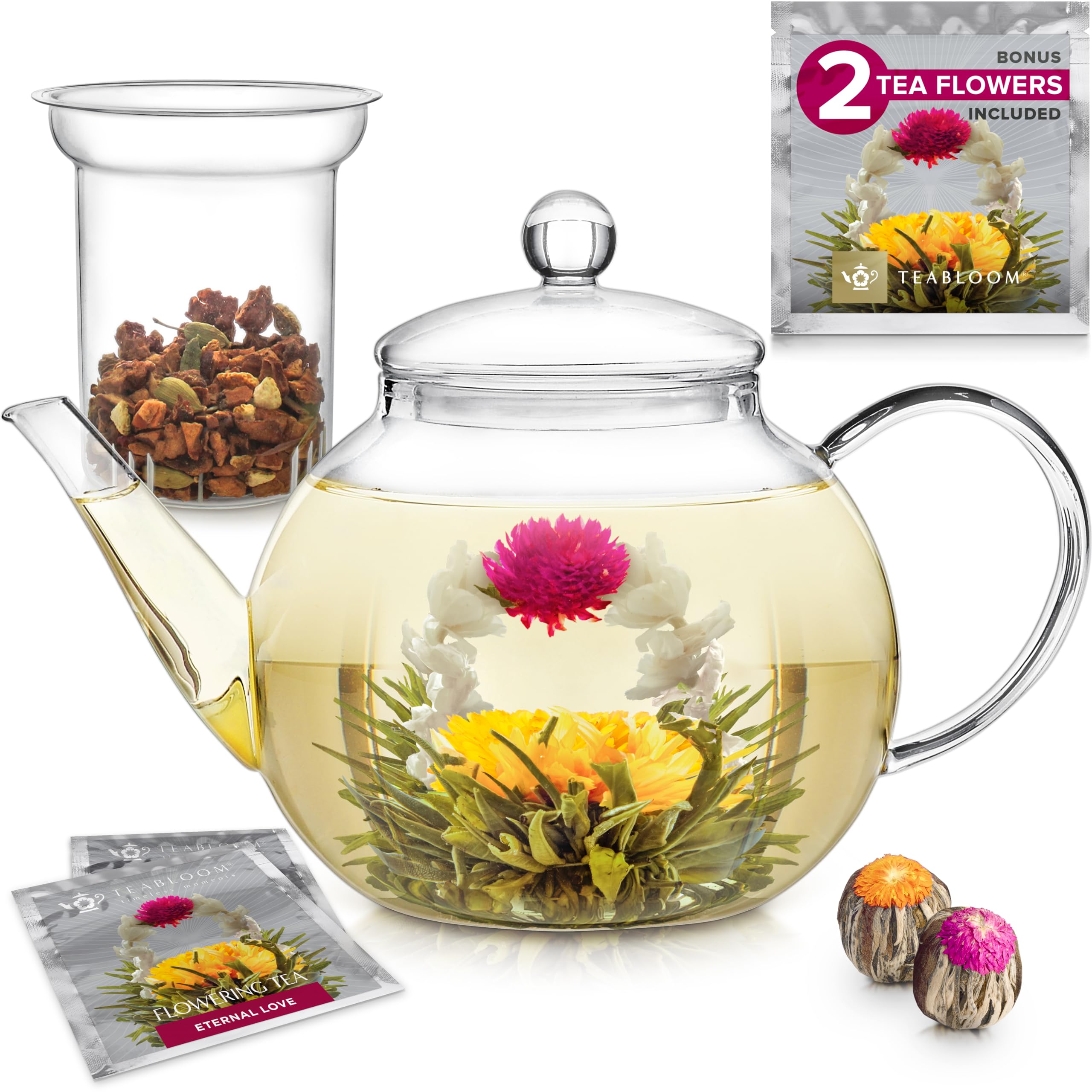 Teabloom Celebration teapot with infusion, elegant glass design for aromatic brews