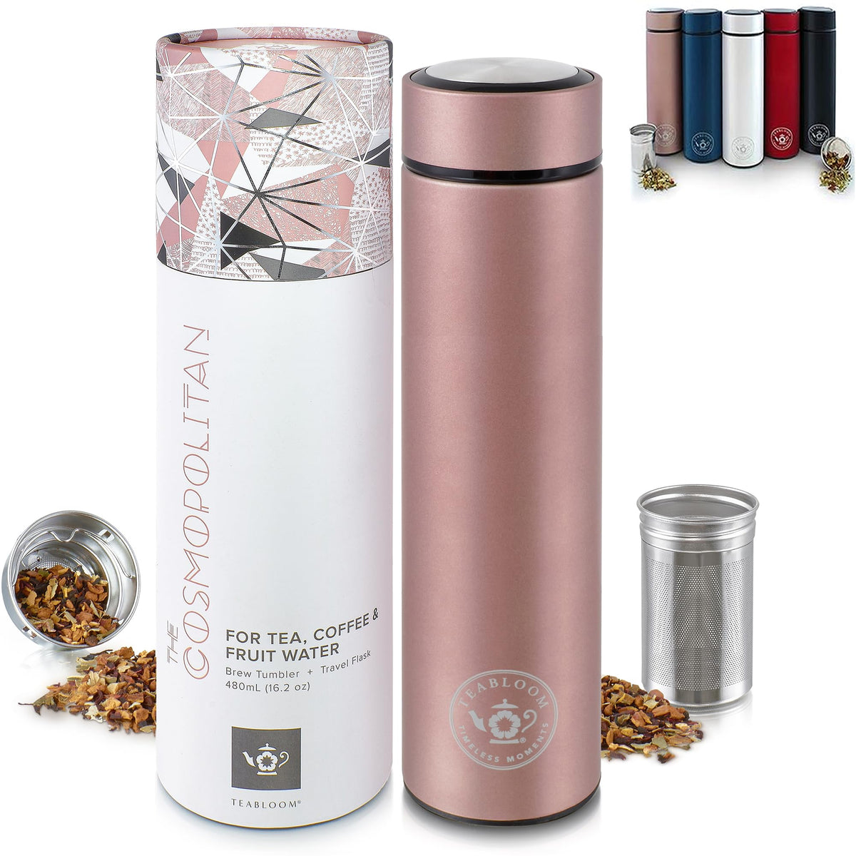 Teabloom Cosmopolitan bottle cap shows secure, spill-free travel.