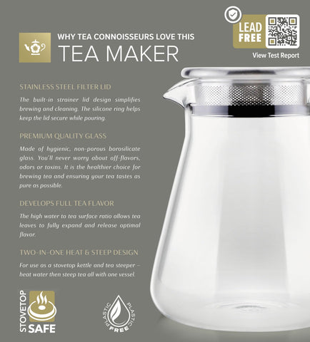 Teabloom One-Touch Tea Maker borosilicate glass body shows clear steeping.
