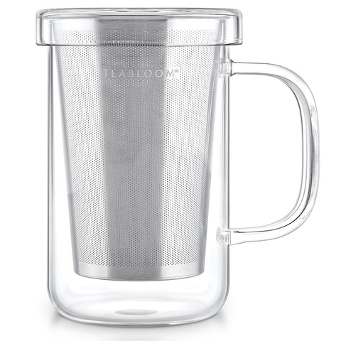 Teabloom premium borosilicate glass mug with infuser and lid for versatile tea sessions