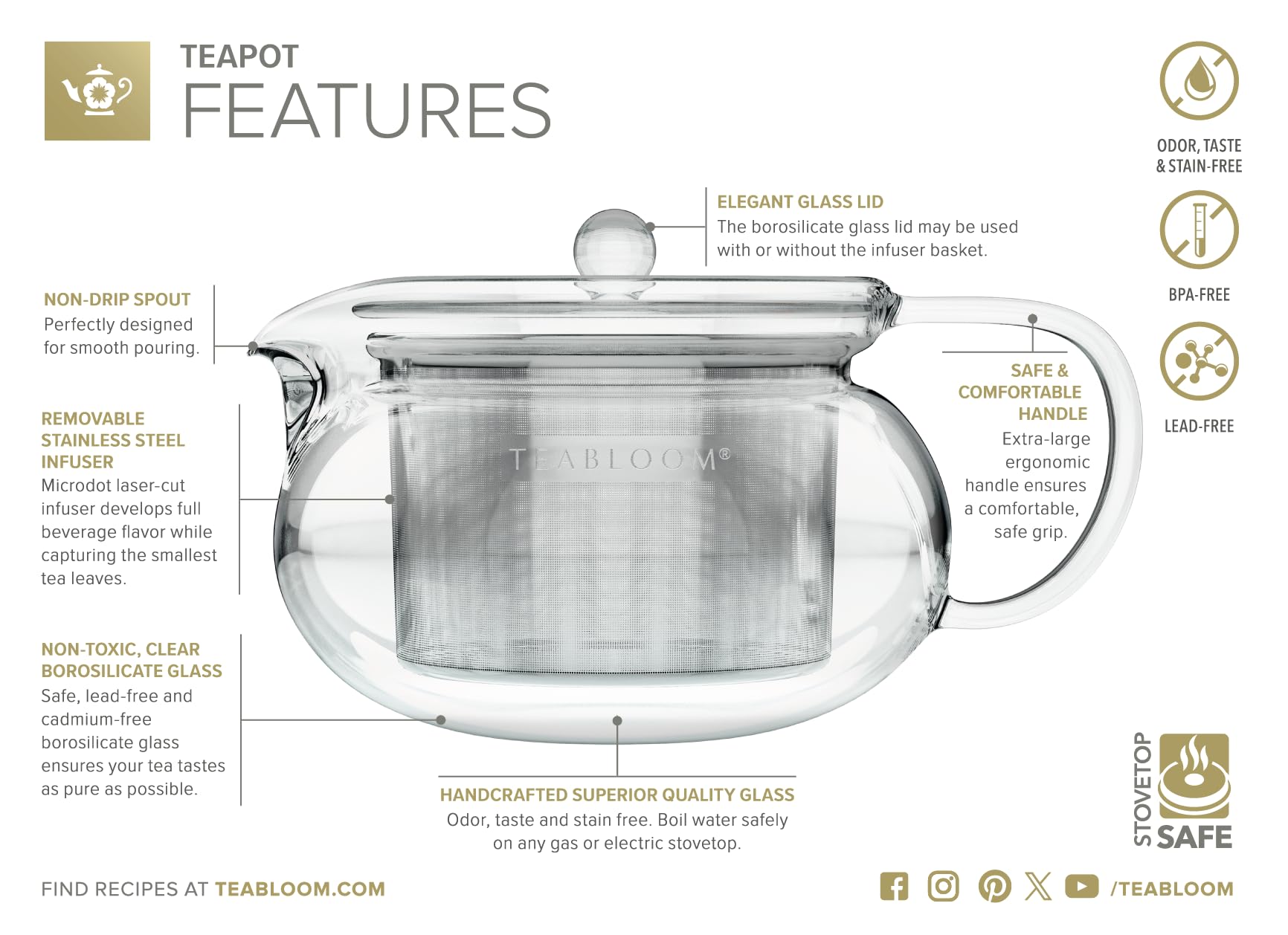 Teabloom stainless steel filter provides fine, easy brewing.
