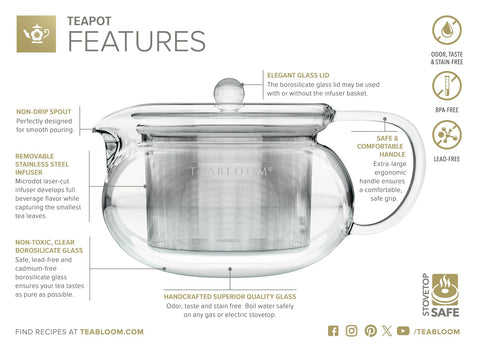 Teabloom stainless steel filter provides fine, easy brewing.