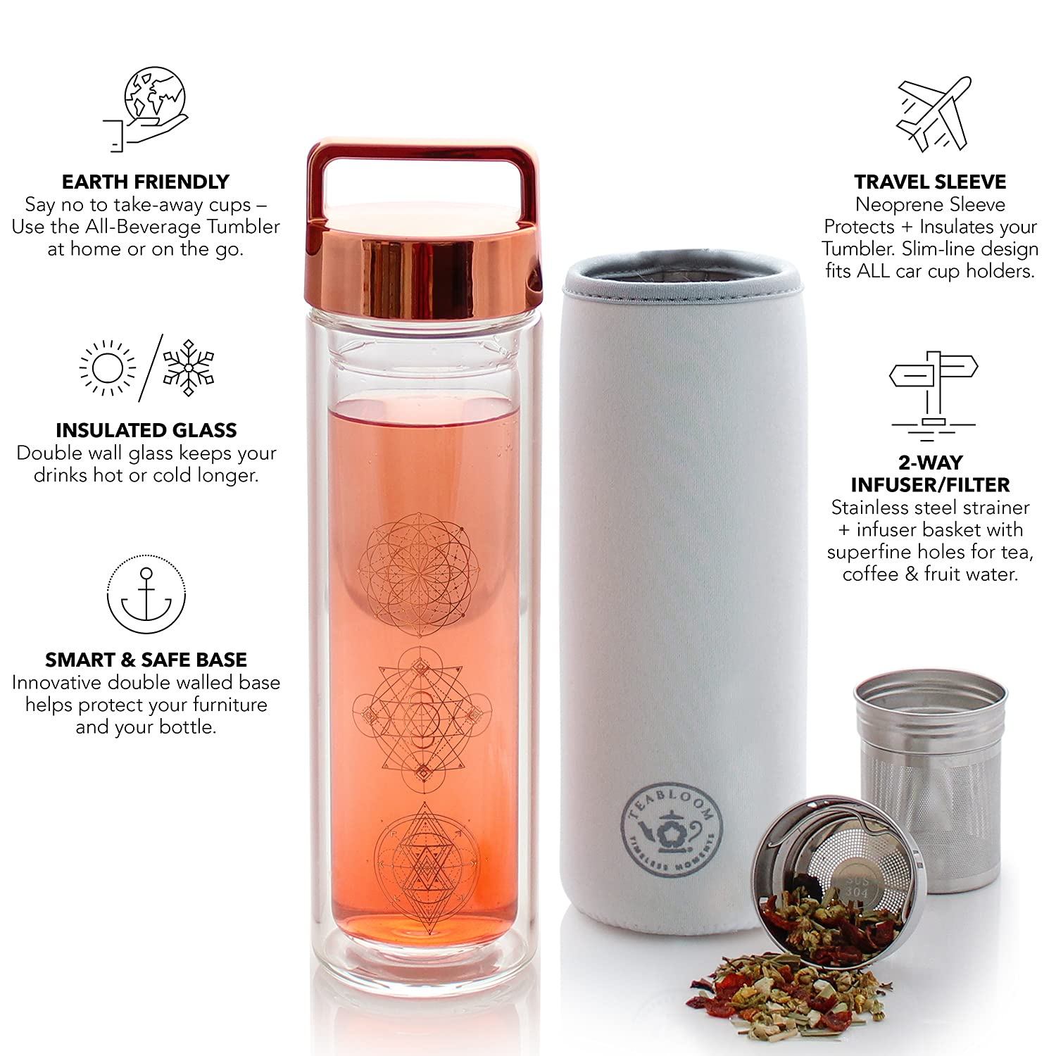 Teabloom Wayfarer glass interior preserves clean flavor and odor resistance.