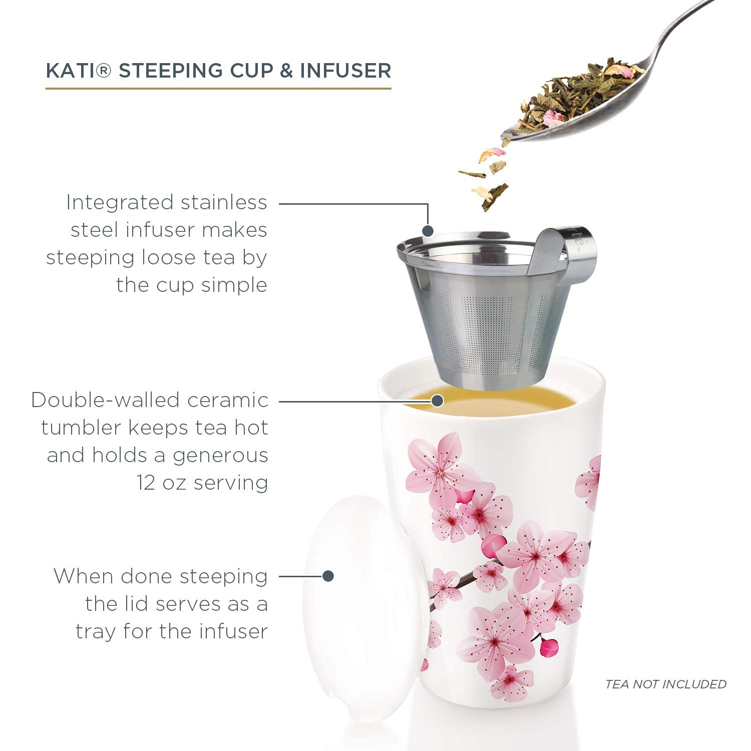 Tea Forte Kati Cup stainless infuser basket for clean steeping.