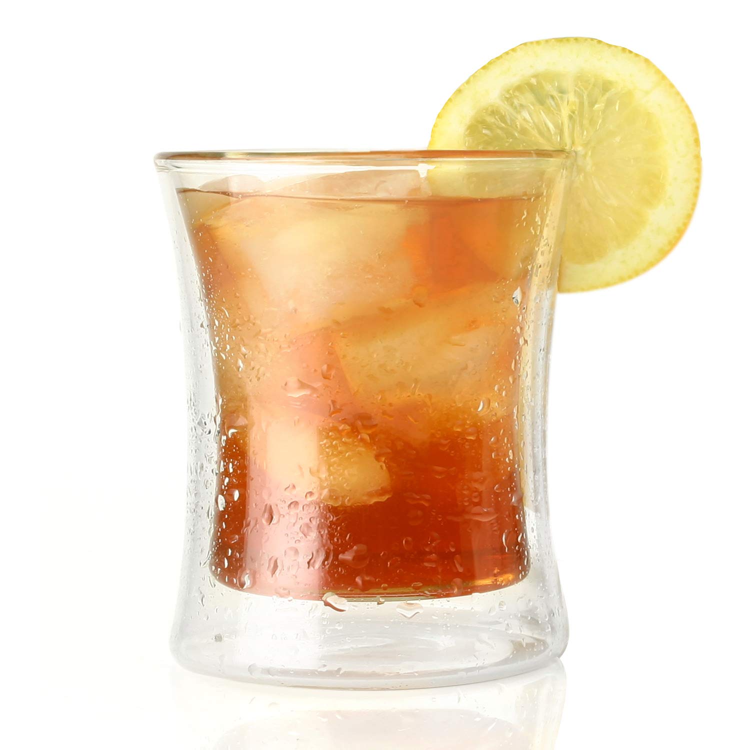 Tea Forte Poom iced tea glass prevents condensation for refreshing cold beverages.