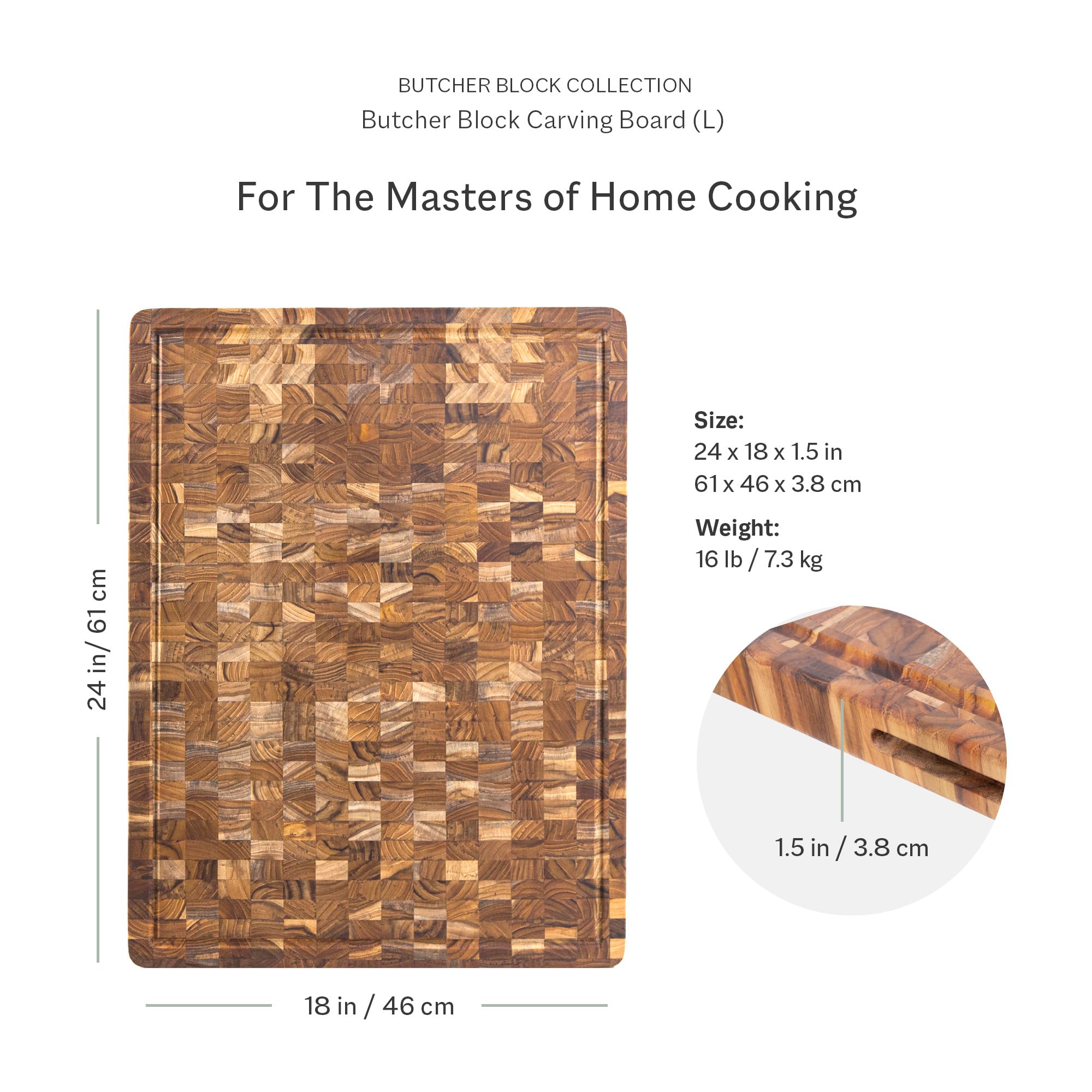 Teakhaus carving board reversible surface highlights dual-sided use for multiple tasks.