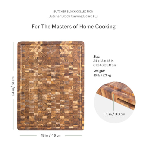 Teakhaus carving board reversible surface highlights dual-sided use for multiple tasks.