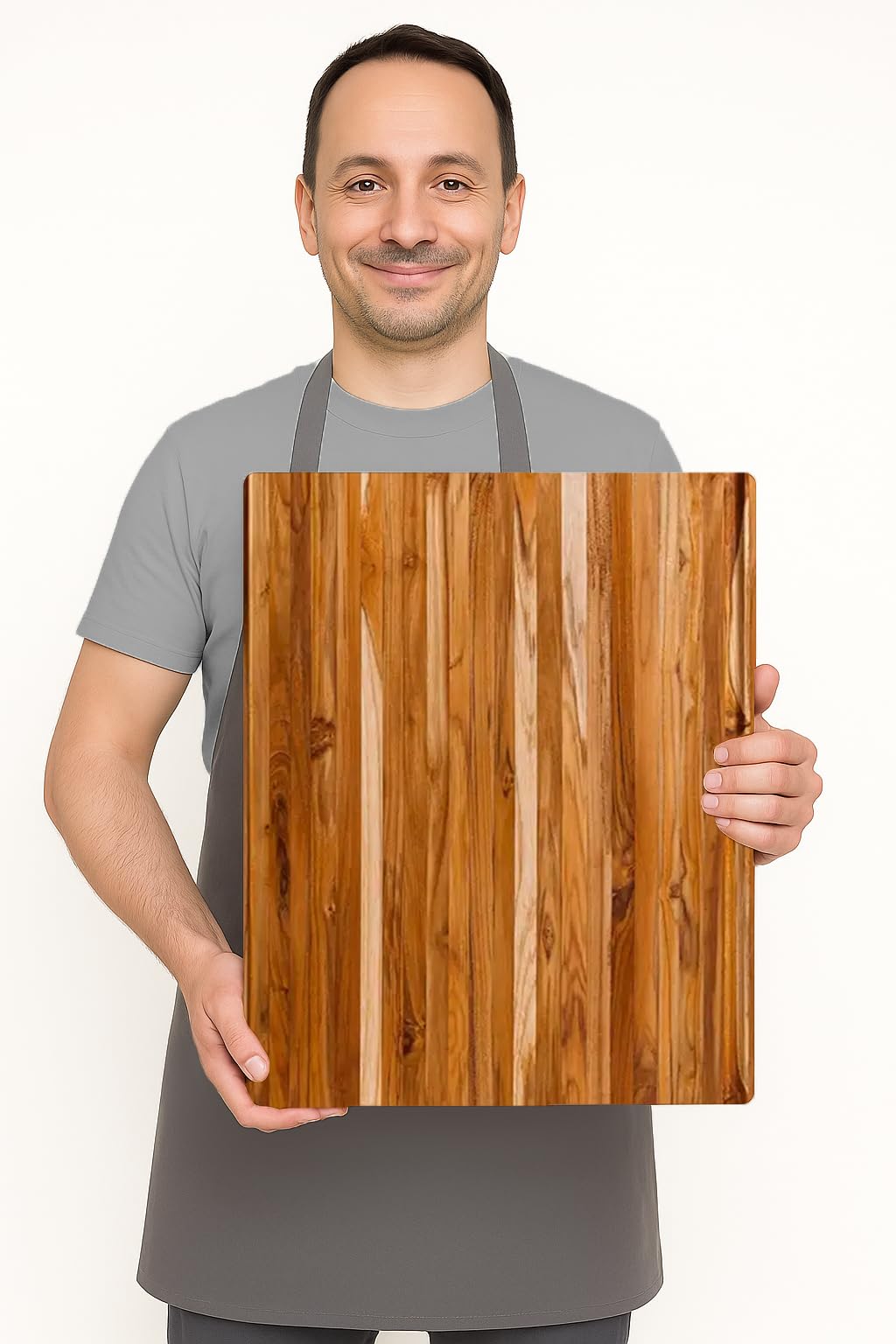 Teakhaus cutting board grip handles enabling stable transport.